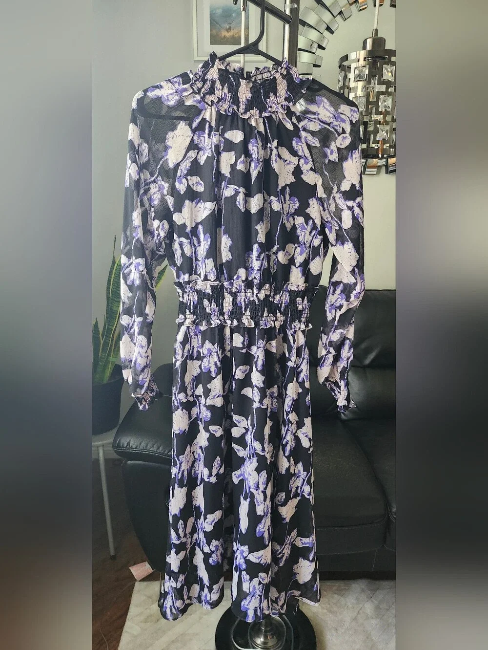 Long Sleeve Black Floral Midi Dress with Smocked Waist - Picture 1 of 10